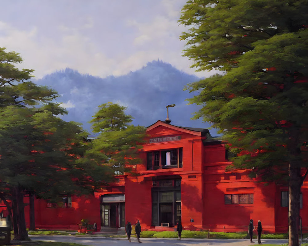 Classical red building with green trees, people walking, misty mountains