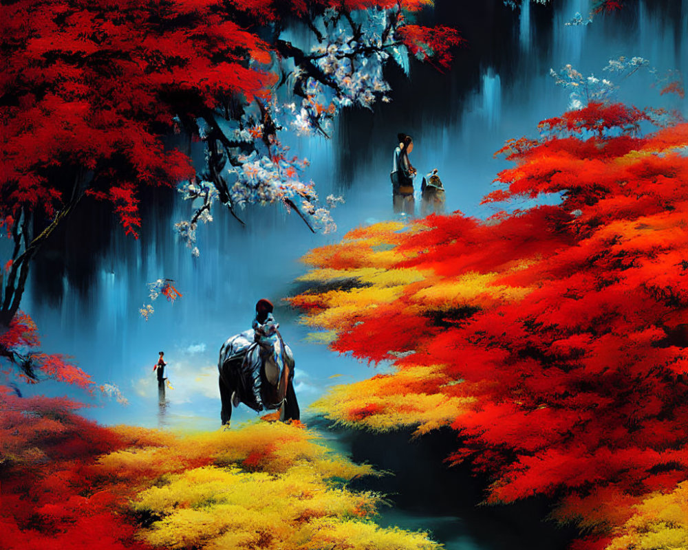 Colorful artwork of people in mystical forest with red foliage and water bodies