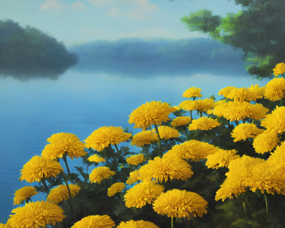 Tranquil lakeside scene with yellow flowers, inviting waters, lush foliage