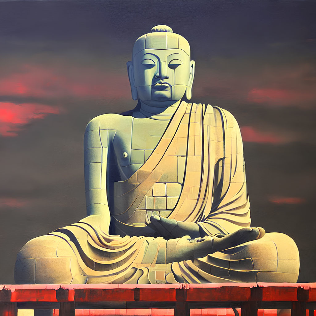 Serene large seated Buddha statue at sunset