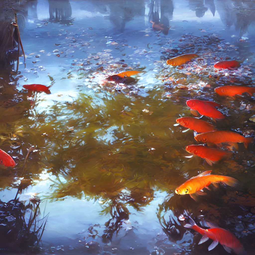 Tranquil pond with clear water, orange koi fish, and lush aquatic plants