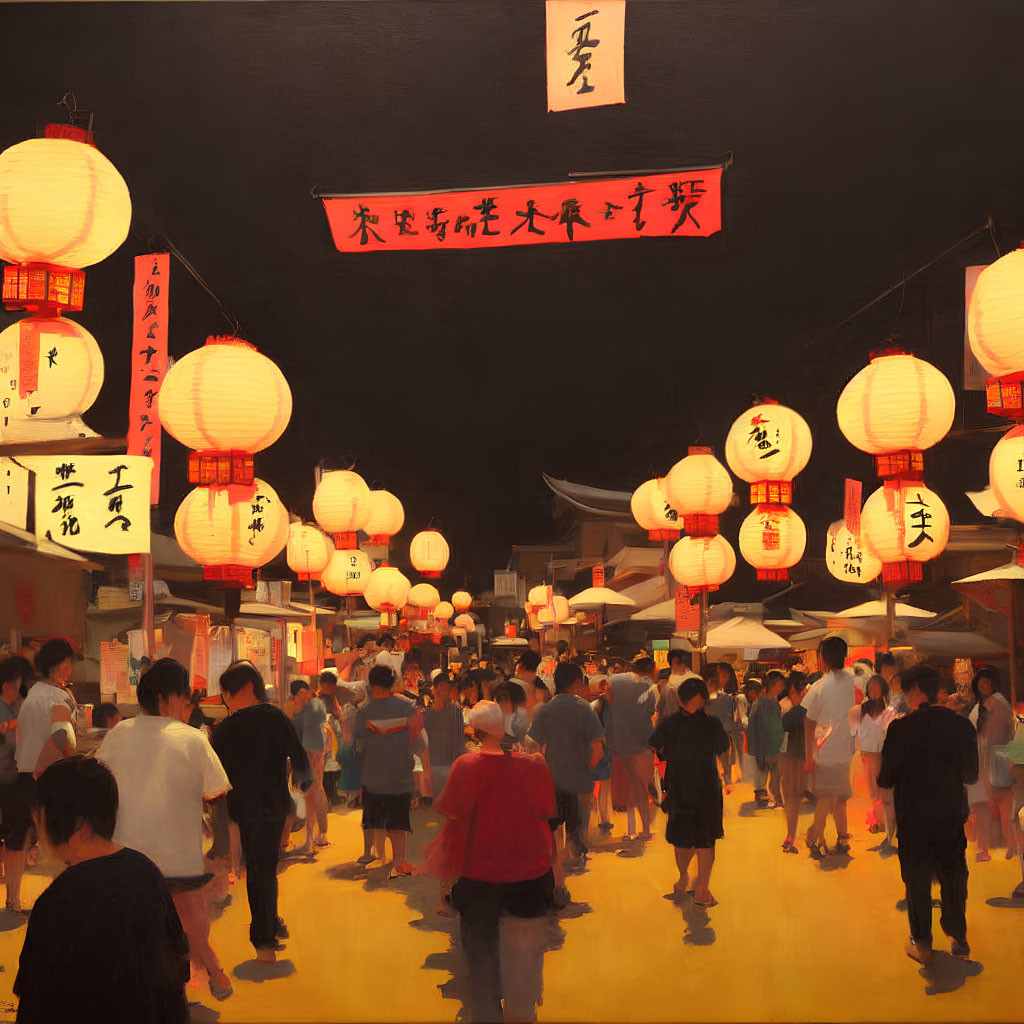 Night Market Scene with Glowing Lanterns and Crowds