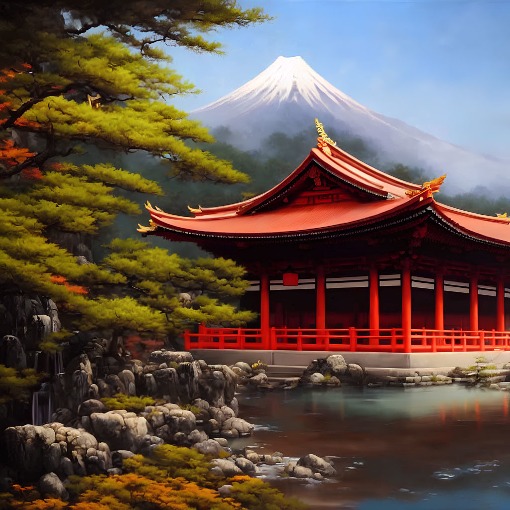 Scenic Japanese temple by pond with Mount Fuji backdrop