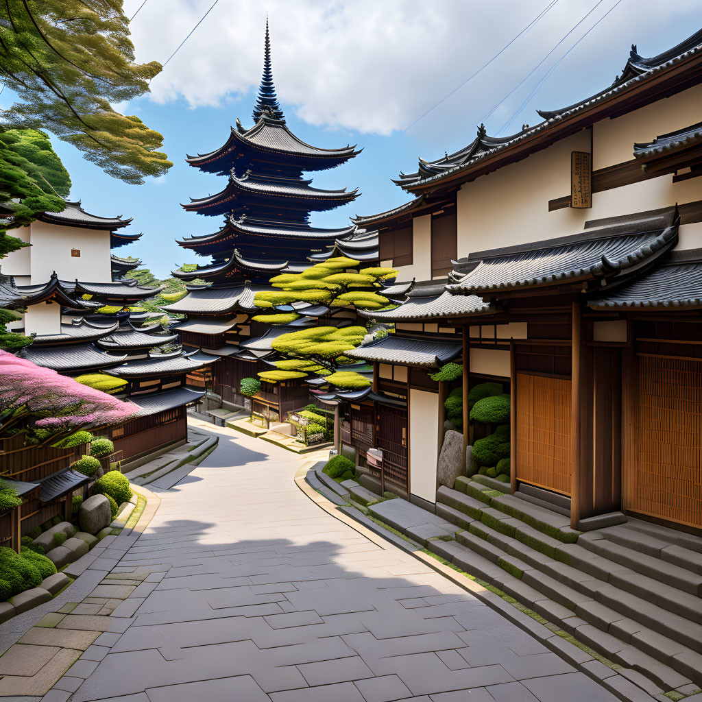 Japanese Temple Complex with Five-Storied Pagoda and Gardens