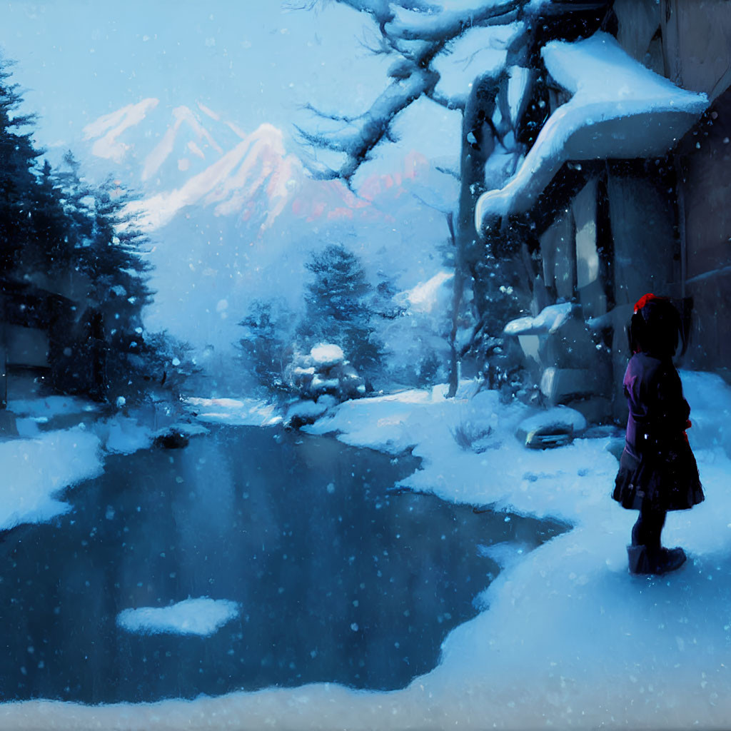 Child in Purple Coat Standing by Snowy Riverbank in Dusky Winter Scene