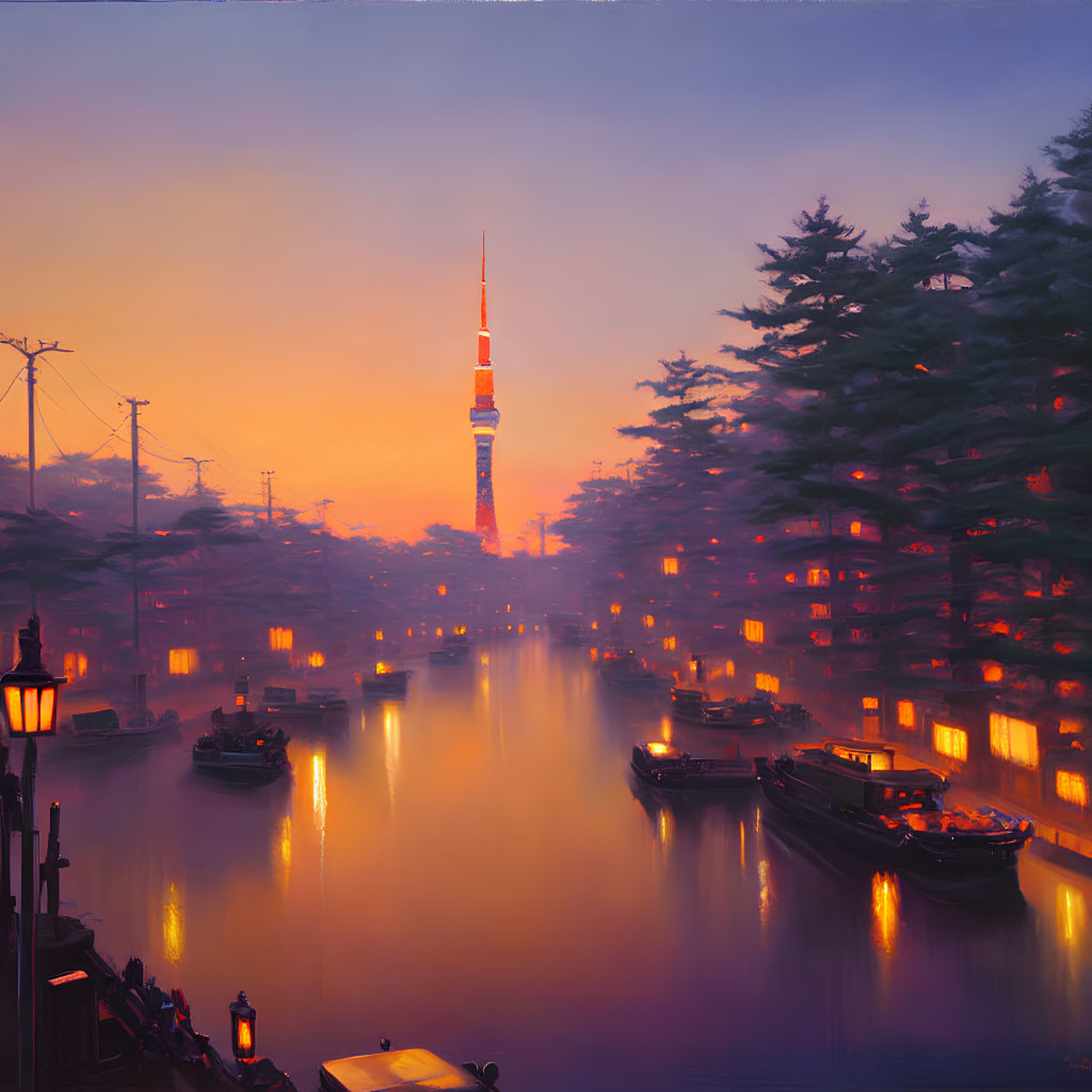 Twilight scene with glowing tower, misty water, and silhouetted pine trees