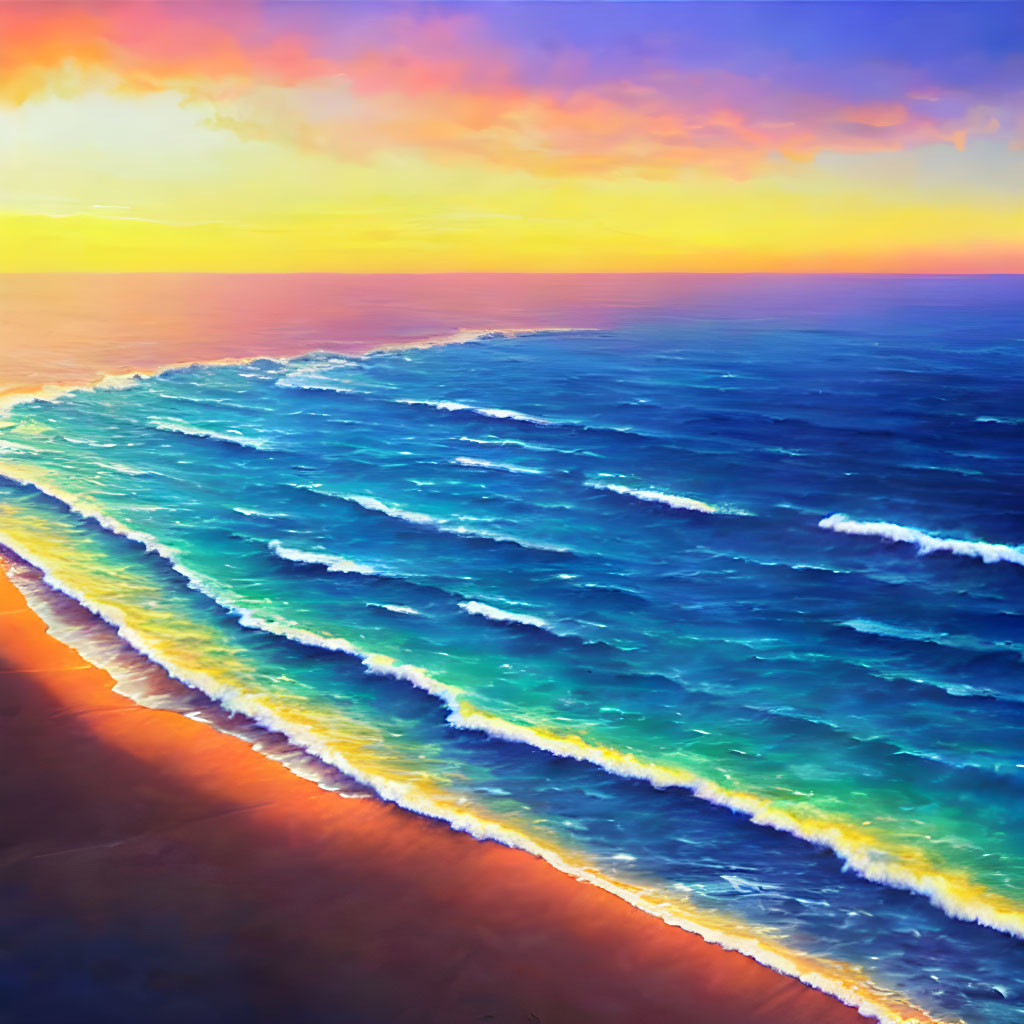 Vibrant beach sunset with blue waves and colorful sky