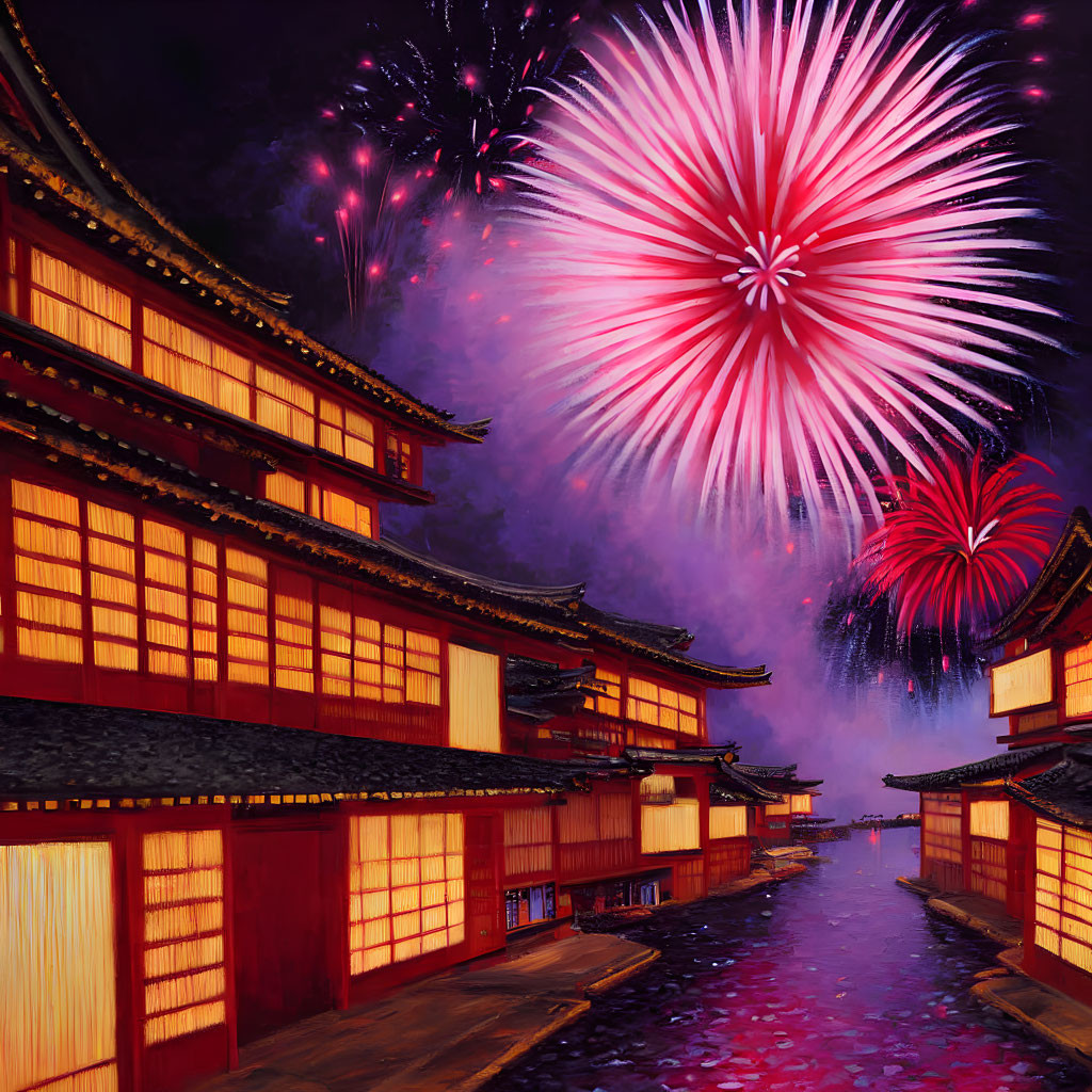 Traditional Japanese street with vibrant fireworks