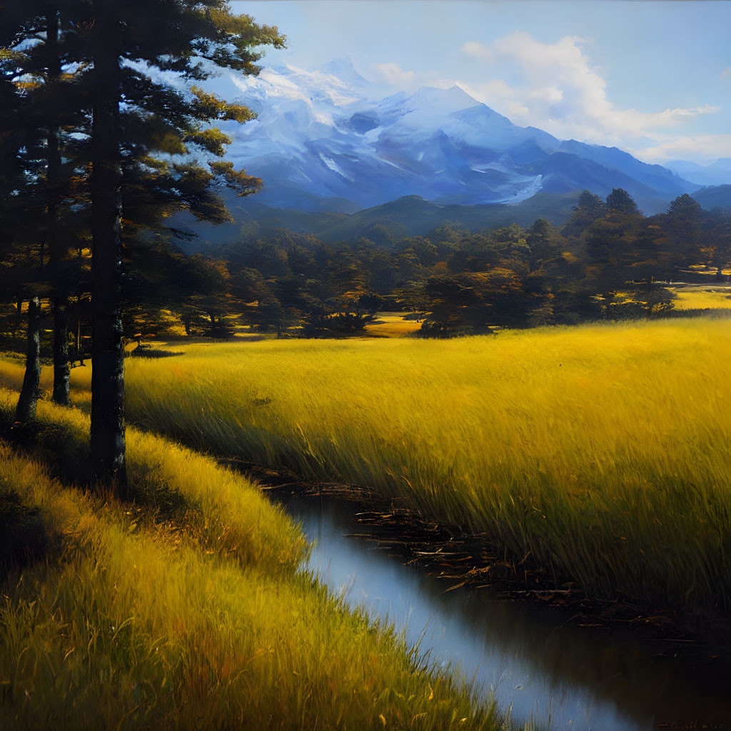 Serene stream in lush meadow with golden grasses, trees, and snow-capped mountains