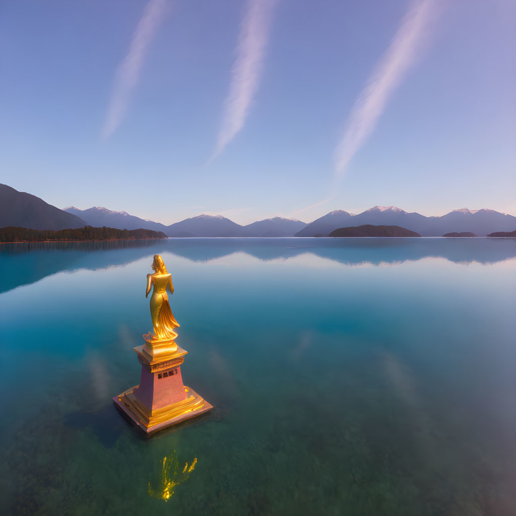 Golden Figure Statue in Blue Water with Mountain Backdrop at Sunset