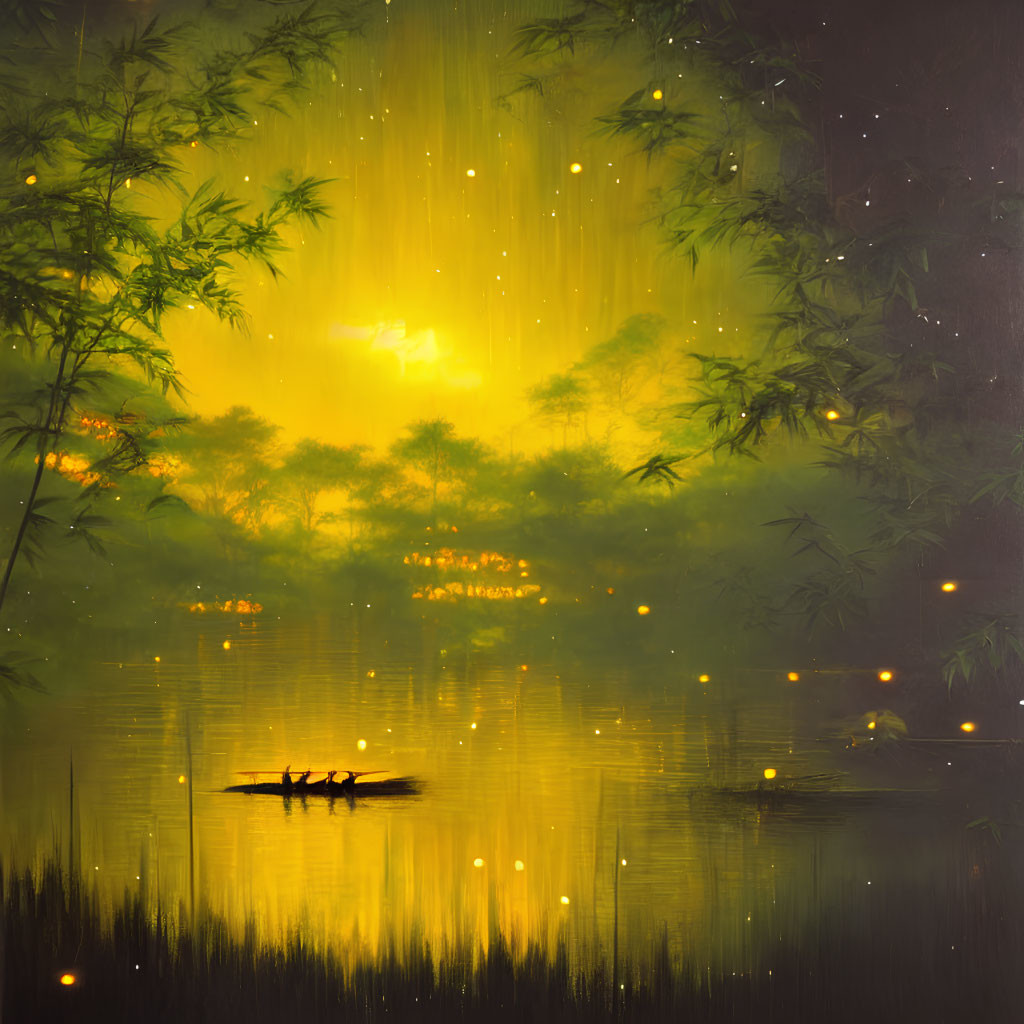 Ethereal nighttime scene with glowing yellow sky, bamboo silhouettes, reflective water, small boat