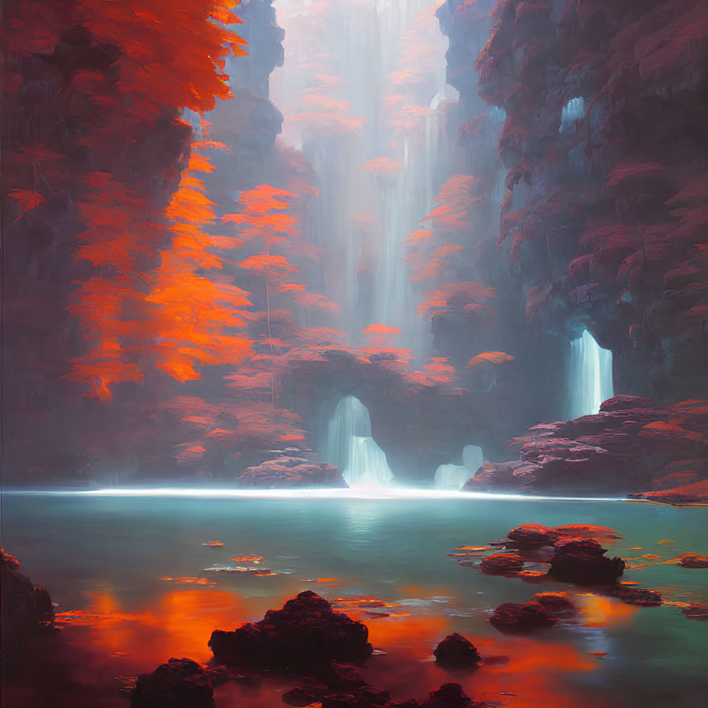 Ethereal Scene: Fiery Orange Foliage, Turquoise Water, Rocky Cliffs