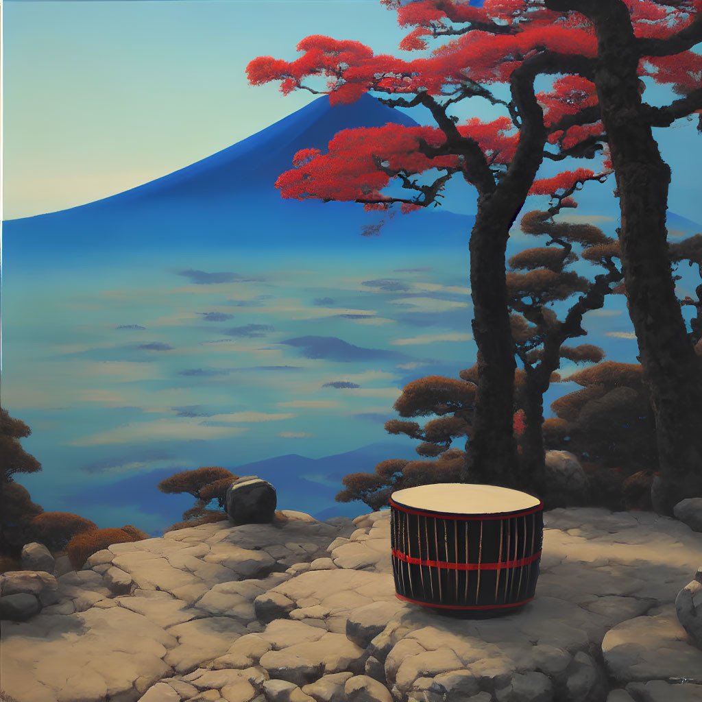 Surreal landscape with red trees, drum, rocky terrain, blue mountain