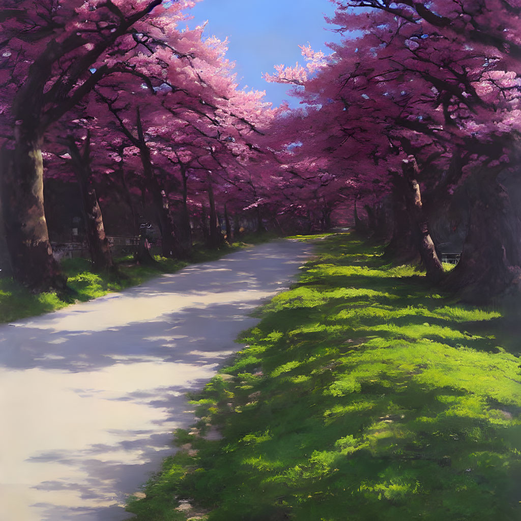 Tranquil Path with Pink Cherry Blossom Trees