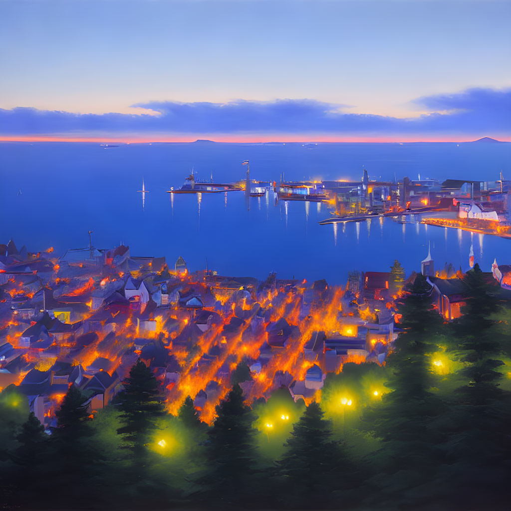 Coastal Town at Dusk with Lit Streets and Harbor View