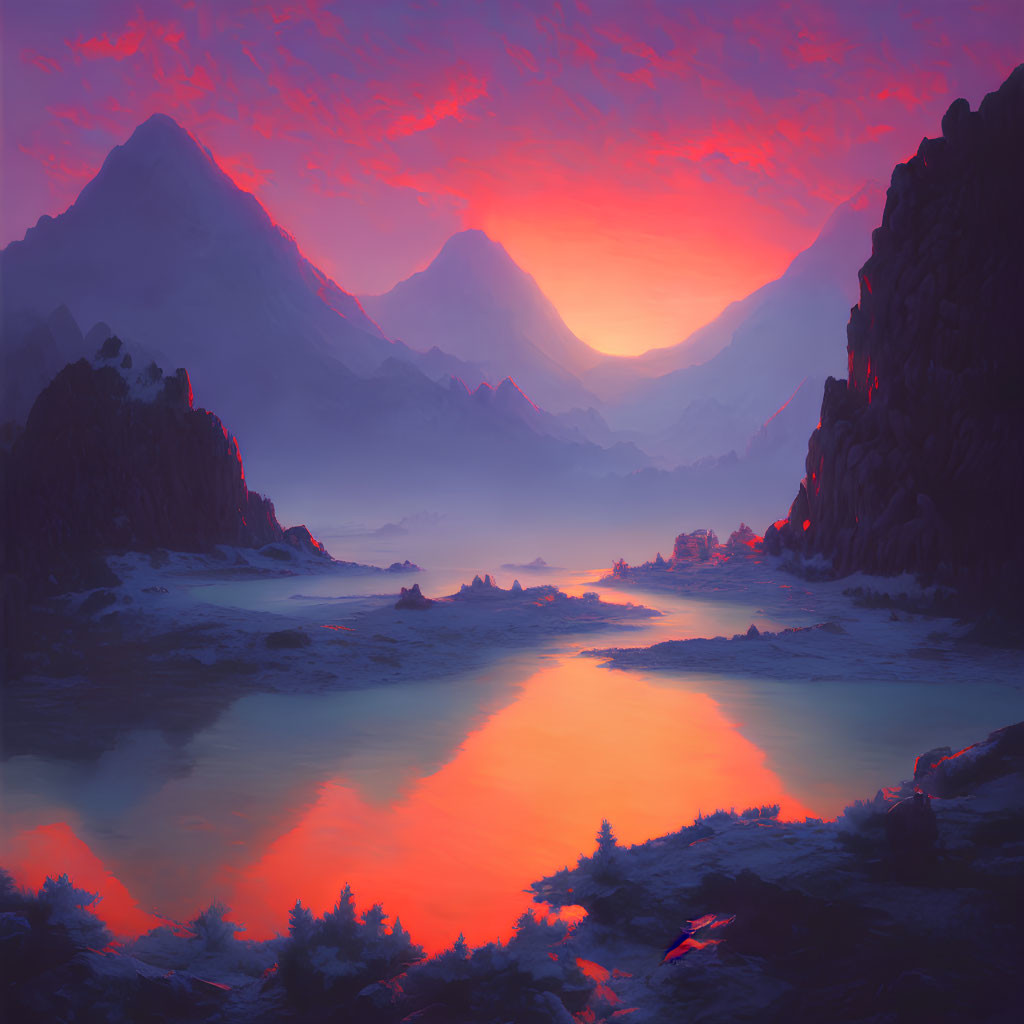 Scenic landscape with tranquil river, vibrant sunset, mountains, and pine tree silhouettes