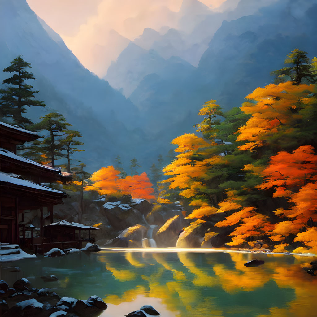 Tranquil autumnal mountain landscape with lake, trees, and traditional house