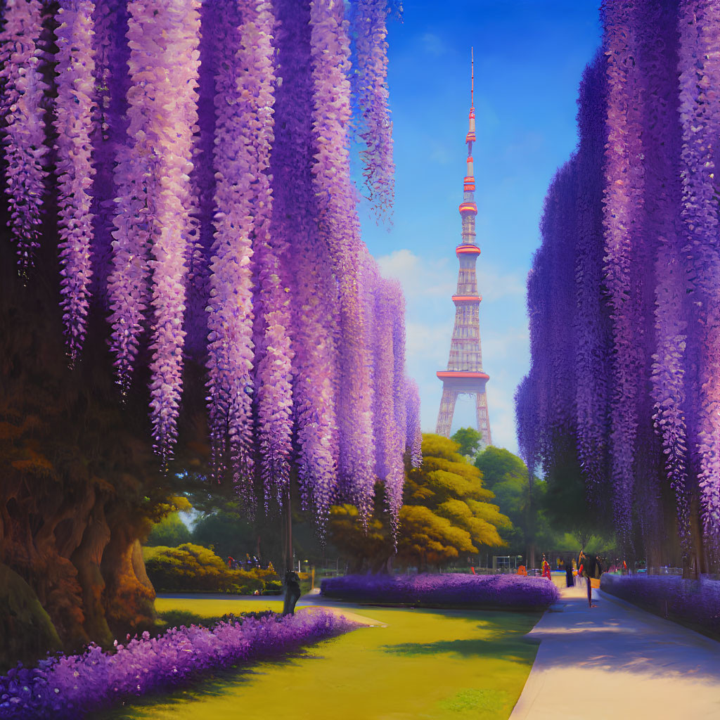 Colorful park scene with purple wisteria trees, people, and tower against blue sky