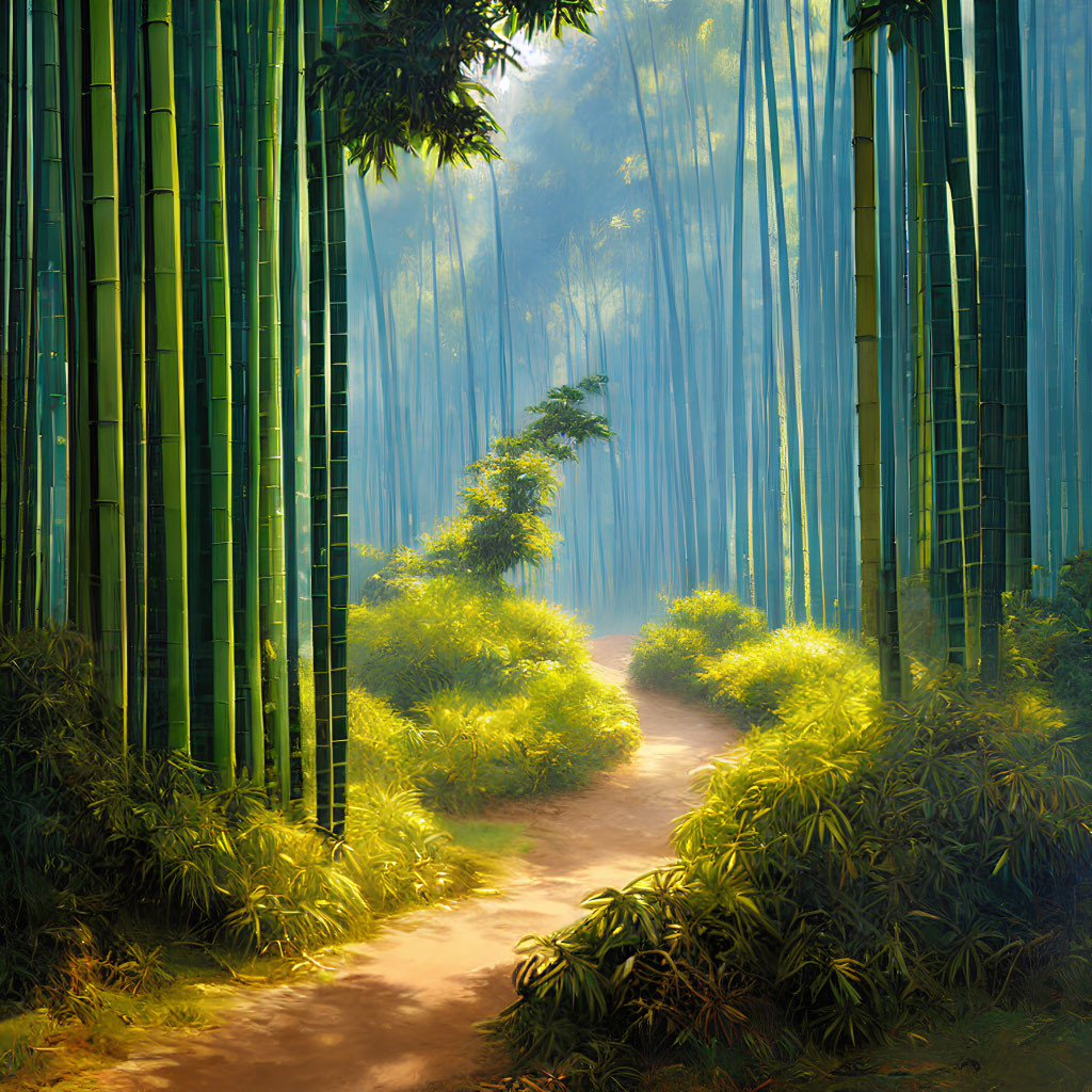 Tranquil bamboo forest with winding dirt path