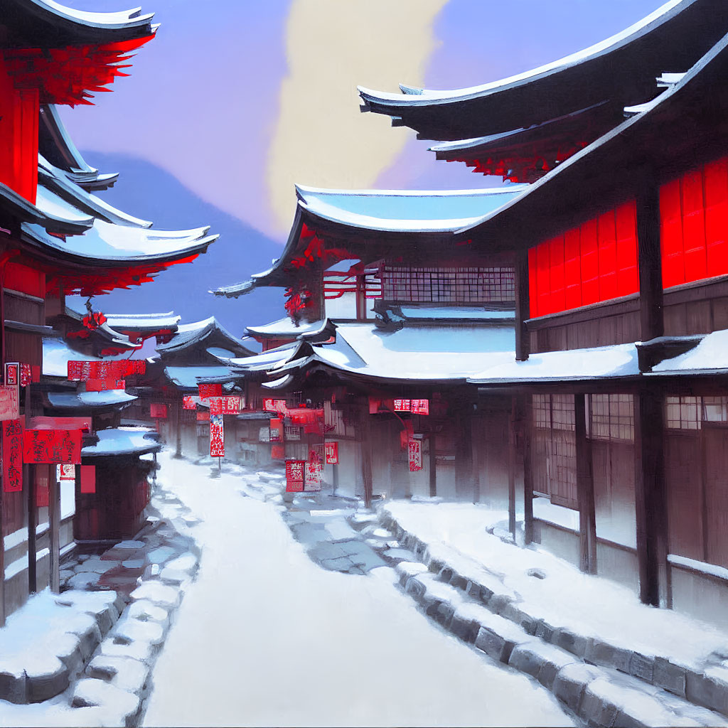 Snow-covered street with red buildings, lanterns, and mountain backdrop.