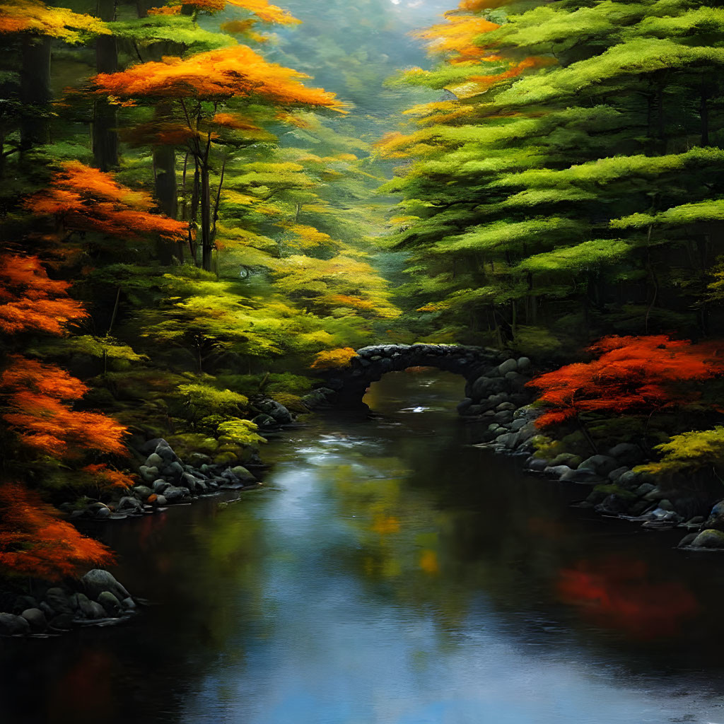 Tranquil river with autumn trees and stone bridge in misty forest