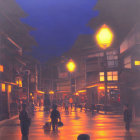 Bustling Street at Dusk with Warm Lantern Light