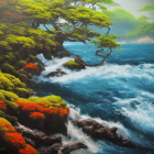 Colorful coastal landscape with turbulent waves, red flora, and lush green trees.