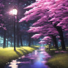 Tranquil Pathway with Glowing Street Lamps and Cherry Trees at Twilight