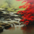 Tranquil waterfall scene with red foliage, greenery, and moss-covered rocks