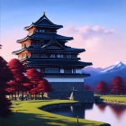 Japanese Castle with Blue Roofs by Serene Pond at Sunset