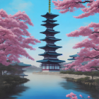 Traditional Pagoda Surrounded by Cherry Blossoms and Lake Under Misty Sky