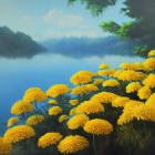 Tranquil lakeside scene with yellow flowers, inviting waters, lush foliage