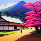 Traditional Japanese scene with person, building, blooming tree, Mount Fuji.