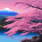 Majestic Mount Fuji with vibrant cherry blossoms and serene lake