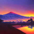 Scenic painting of Mount Fuji at sunrise with fiery sky and tranquil lake