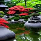 Tranquil Japanese garden with red maple trees and stone lantern