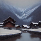 Snow-covered roofs on wooden houses by calm river with misty mountains.