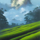 Misty mountain landscape with verdant terraced fields