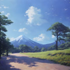 Serene landscape with snow-capped mountain, green trees, blue sky, and path