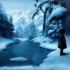 Child in Purple Coat Standing by Snowy Riverbank in Dusky Winter Scene