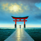 Tranquil red torii gate at stone pathway's end