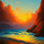 Scenic sunset over tranquil sea with fiery clouds and golden hues