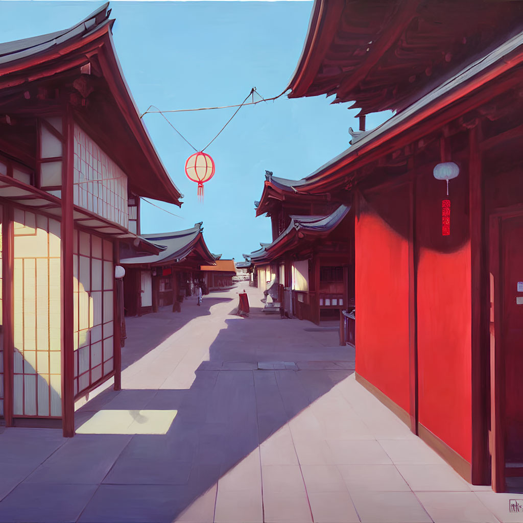 Traditional Japanese Street with Red Lanterns and Wooden Buildings