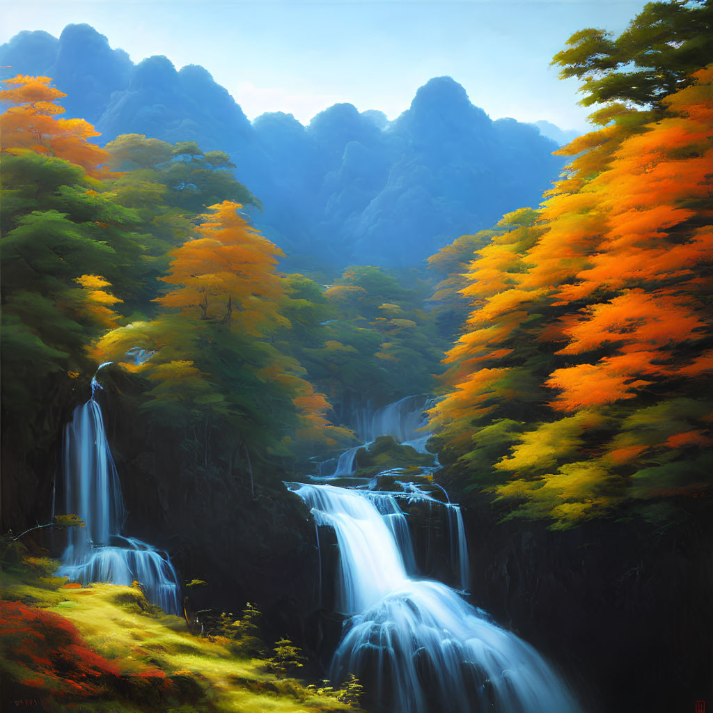 Tranquil landscape painting: waterfalls, autumn trees, soft light