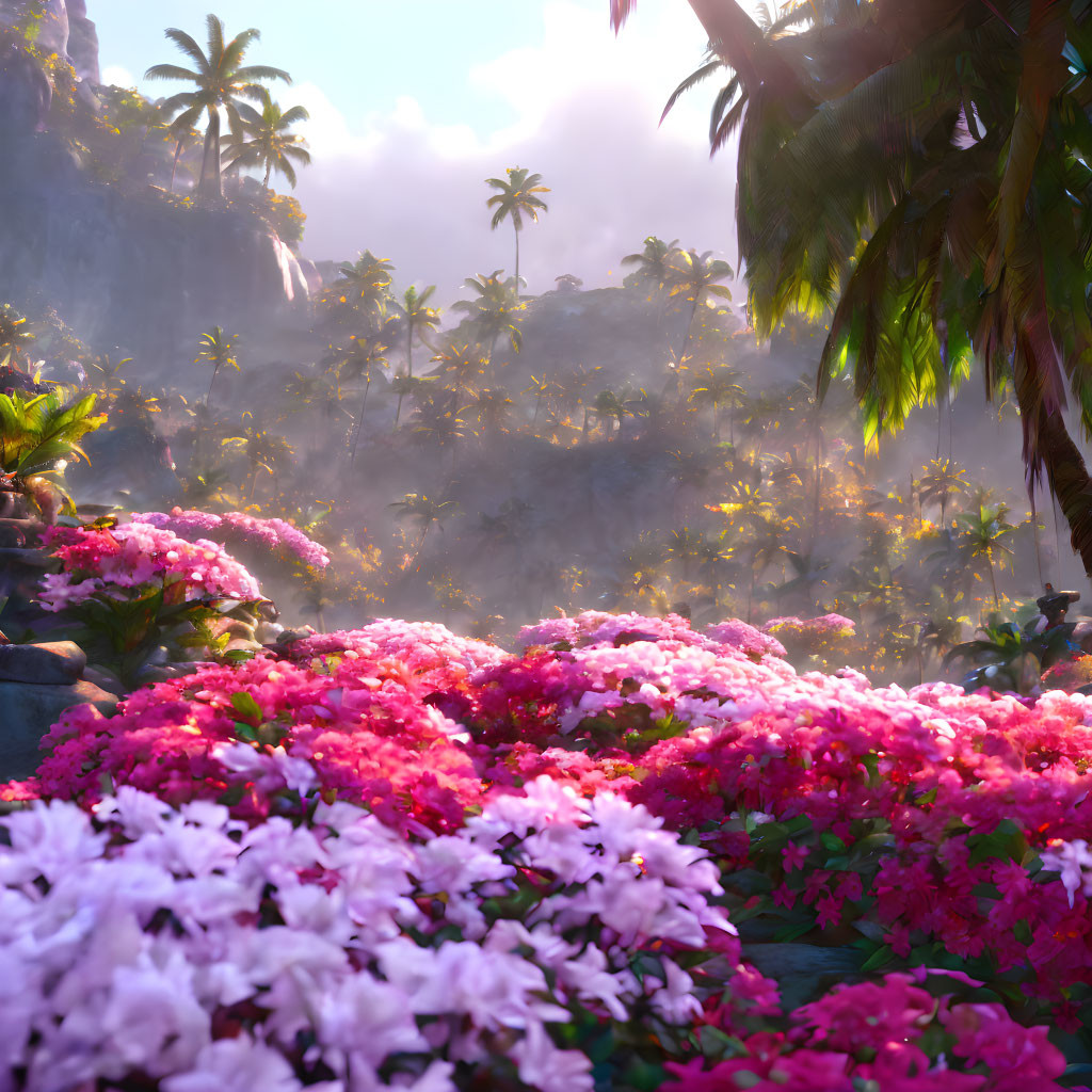 Tropical forest scene with pink and white flowers, misty mountains, and palm trees