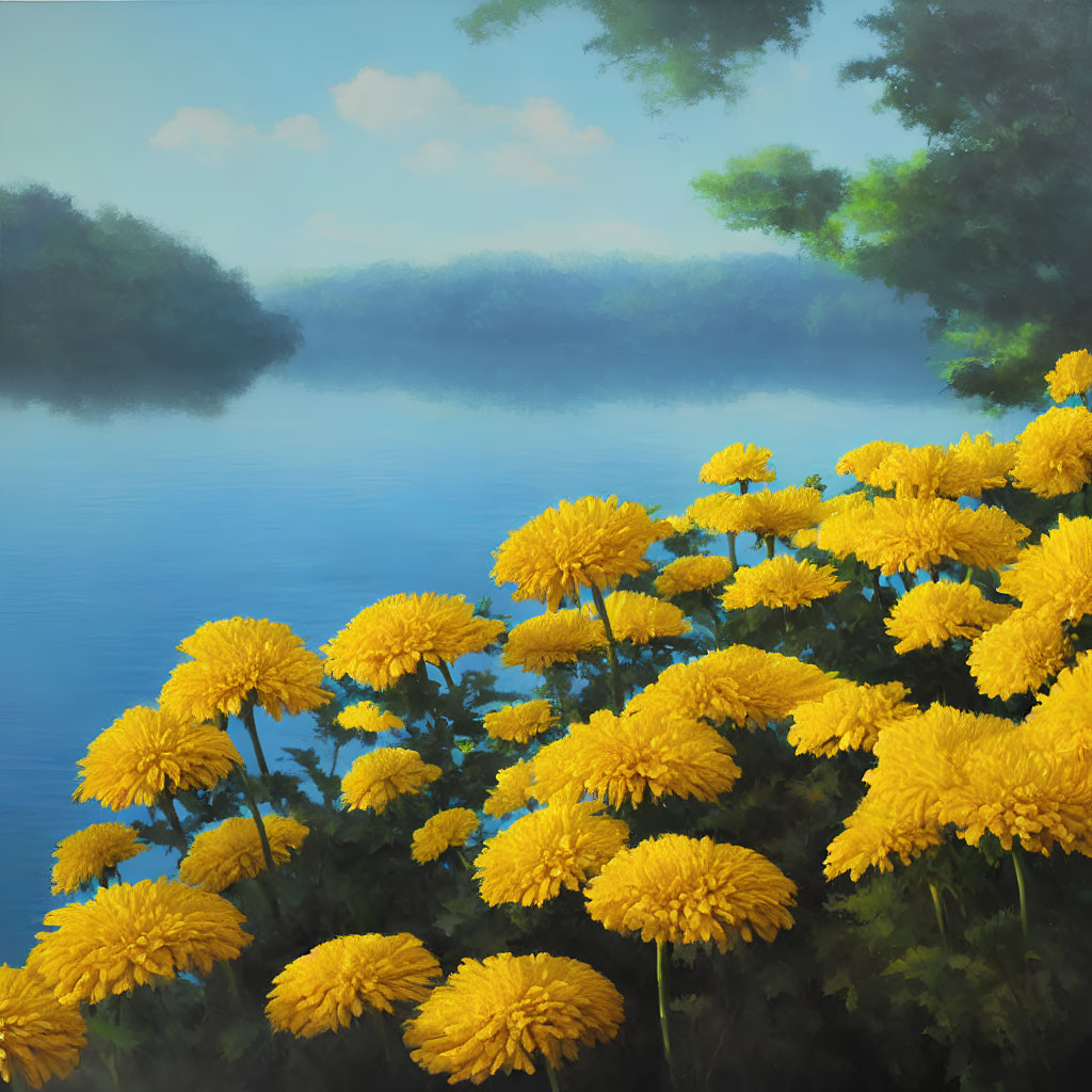 Tranquil lakeside scene with yellow flowers, inviting waters, lush foliage