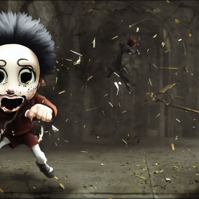 Gray-haired animated character with green eyes running frantically, another figure leaping amidst debris