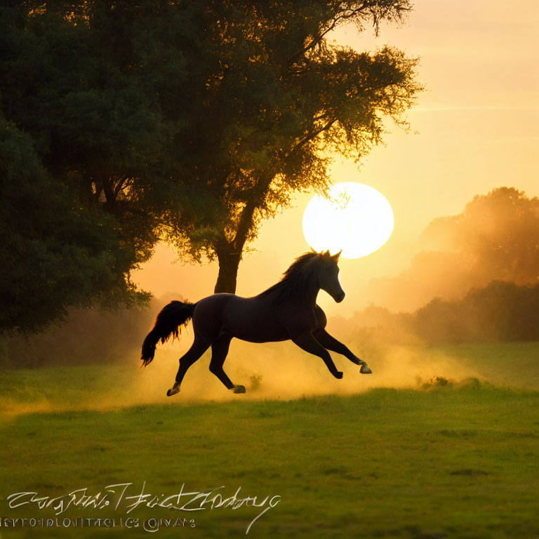 Horse galloping in field at sunset with warm glow and long shadows