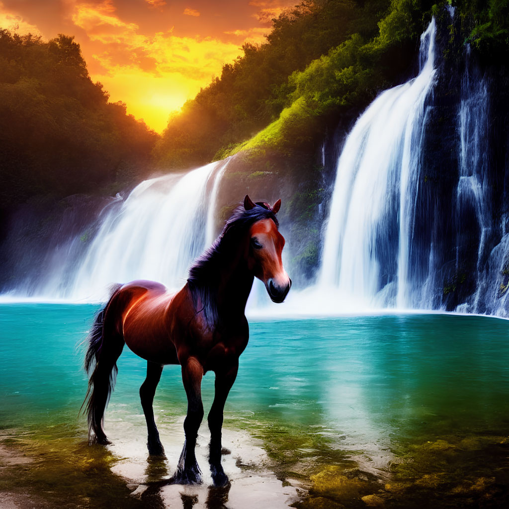 Majestic horse by cascading waterfall at sunset