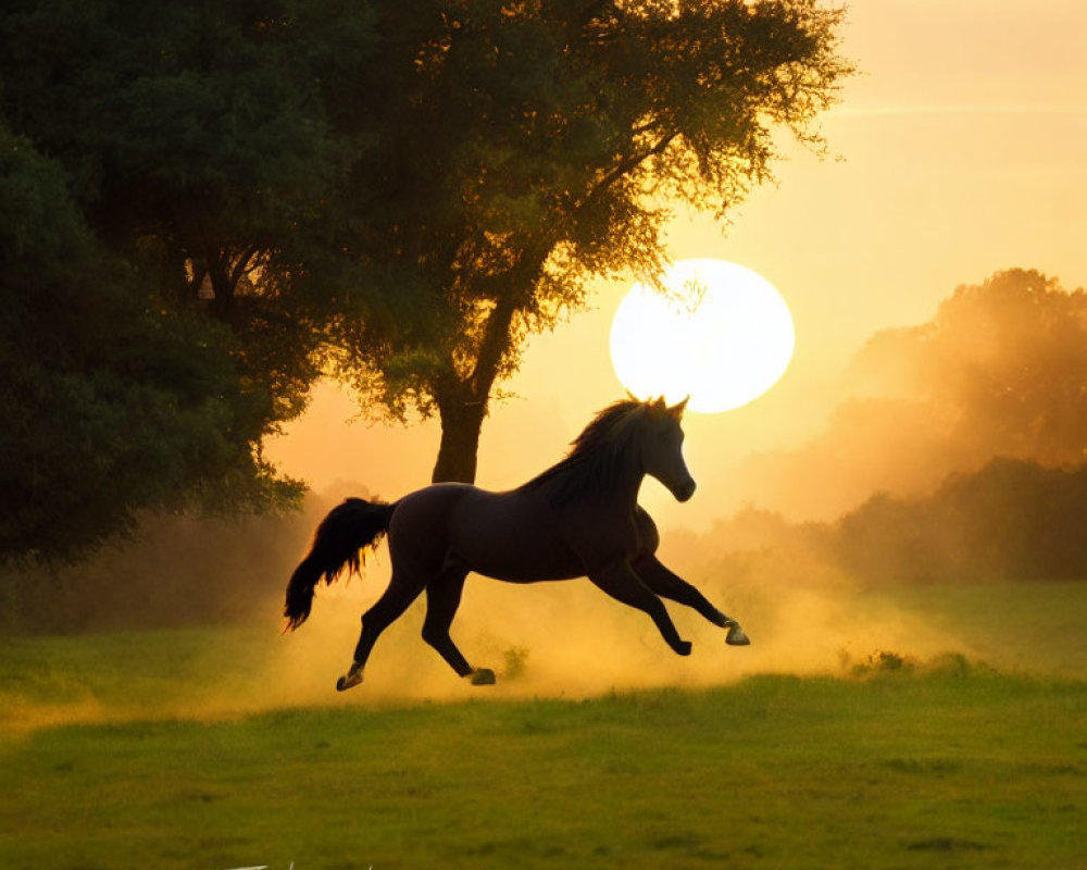 Horse galloping in field at sunset with warm glow and long shadows